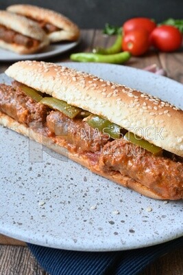 Close up of a delicious sausage sandwich, delicious fast food meals, Arabic restaurants, delicious food recipes, delicious food, sausage sandwich