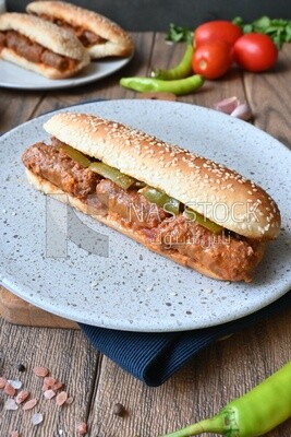 Close up of a delicious sausage sandwich, delicious fast food meals, Arabic restaurants, delicious food recipes, delicious food, sausage sandwich