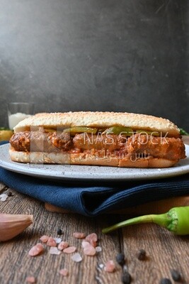 Close up of a delicious sausage sandwich, delicious fast food meals, Arabic restaurants, delicious food recipes, delicious food, sausage sandwich