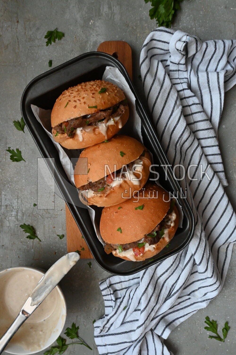 Top view of a delicious beef shawarma sandwiches, delicious fast food meals, Arabic restaurants, delicious food recipes, delicious food, shawarma sandwich