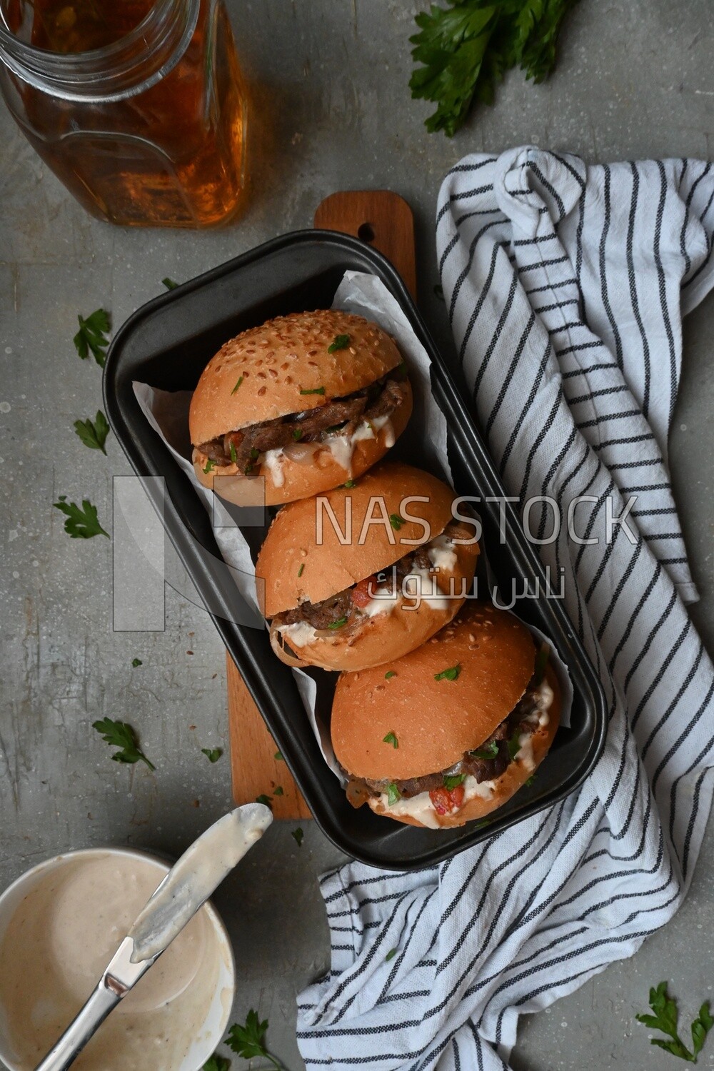 Top view of a delicious beef shawarma sandwiches, delicious fast food meals, Arabic restaurants, delicious food recipes, delicious food, shawarma sandwich