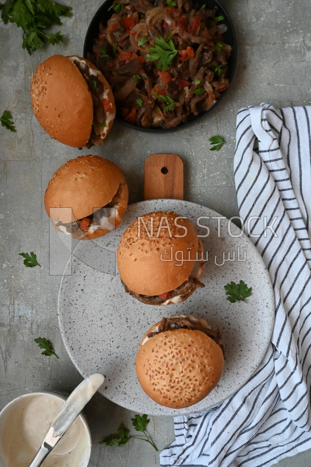 Top view of a delicious beef shawarma sandwiches, delicious fast food meals, Arabic restaurants, delicious food recipes, delicious food, shawarma sandwich