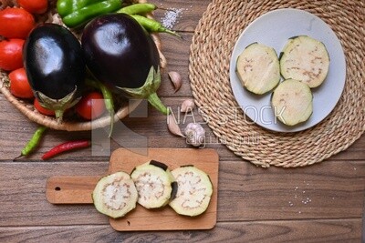Slices eggplant on the table