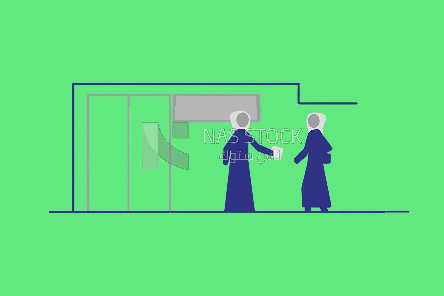 Two women in front of the elevator
