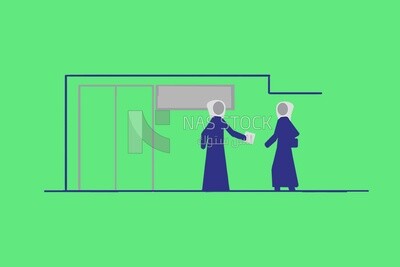 Two women in front of the elevator