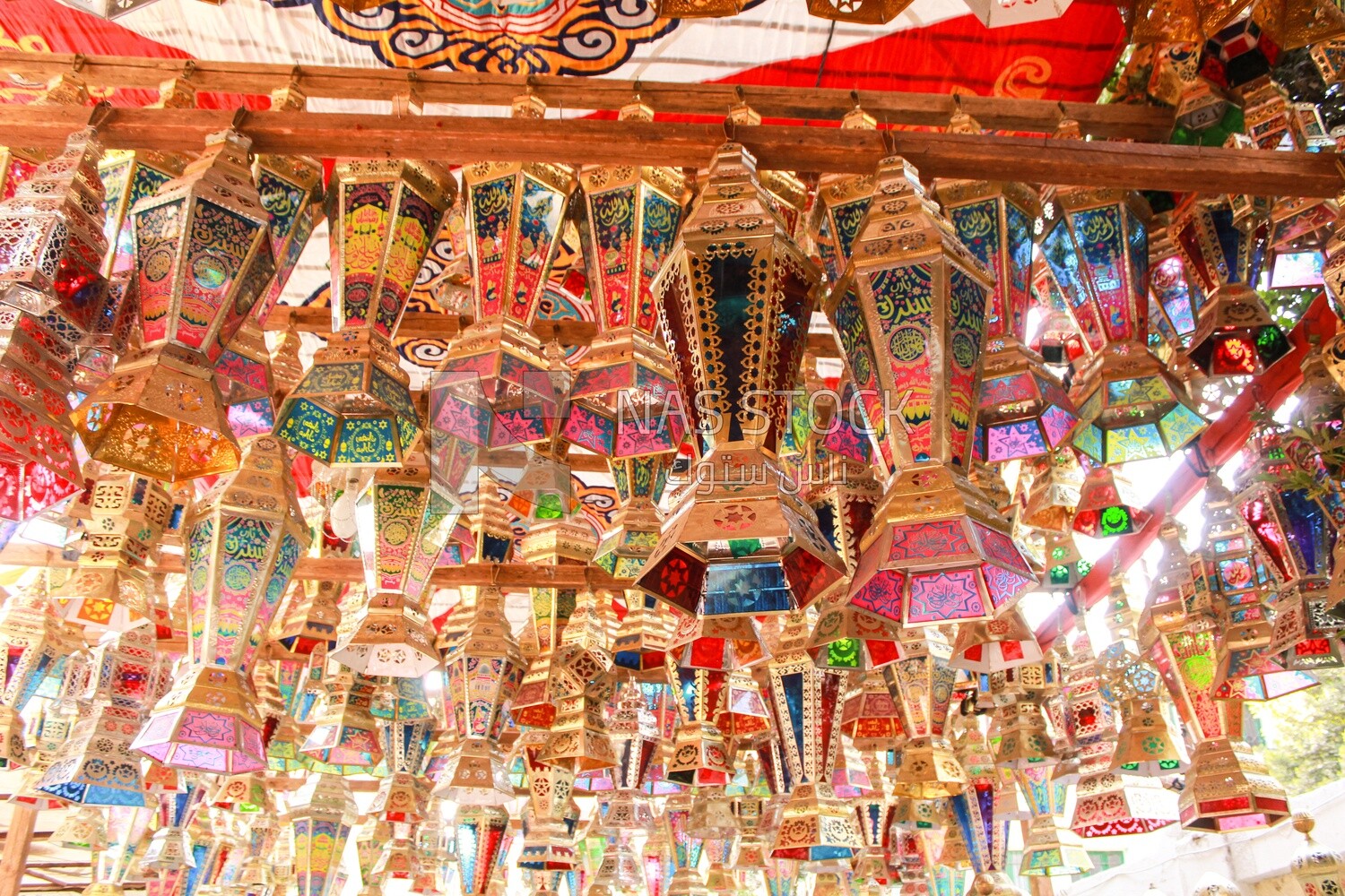 Ramadan lanterns hanging in a shop in a street in Cairo, Egypt