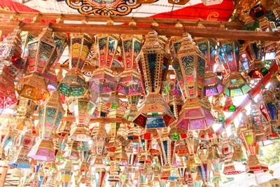 Ramadan lanterns hanging in a shop in a street in Cairo, Egypt