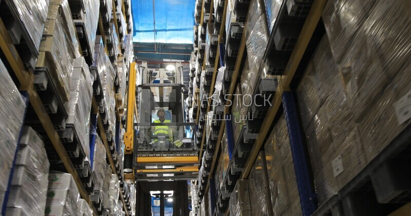 Man riding an order picker inside a store