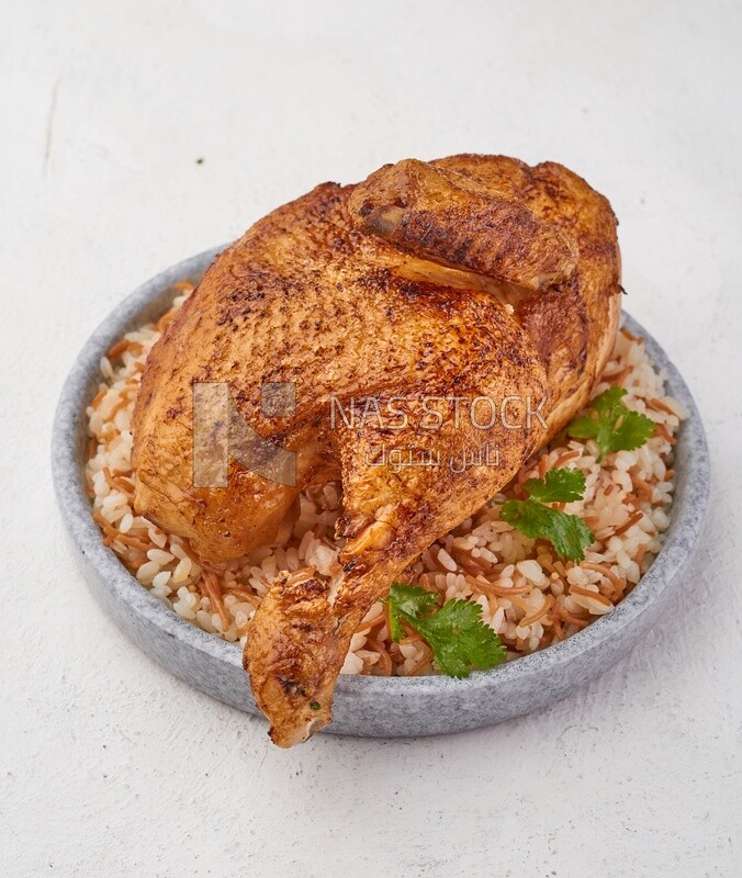 Side view of a plate of rice with chicken on a white background