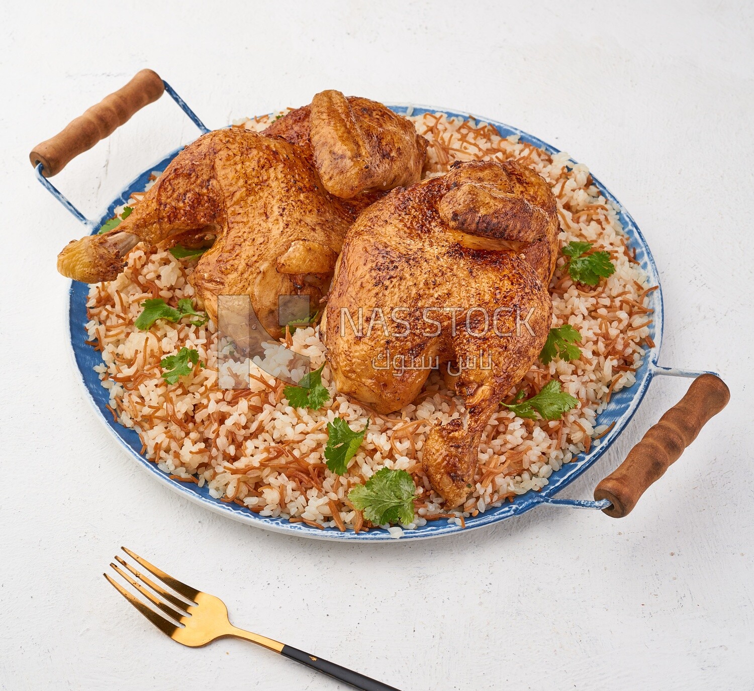 Side view of scene from plate of rice with chicken