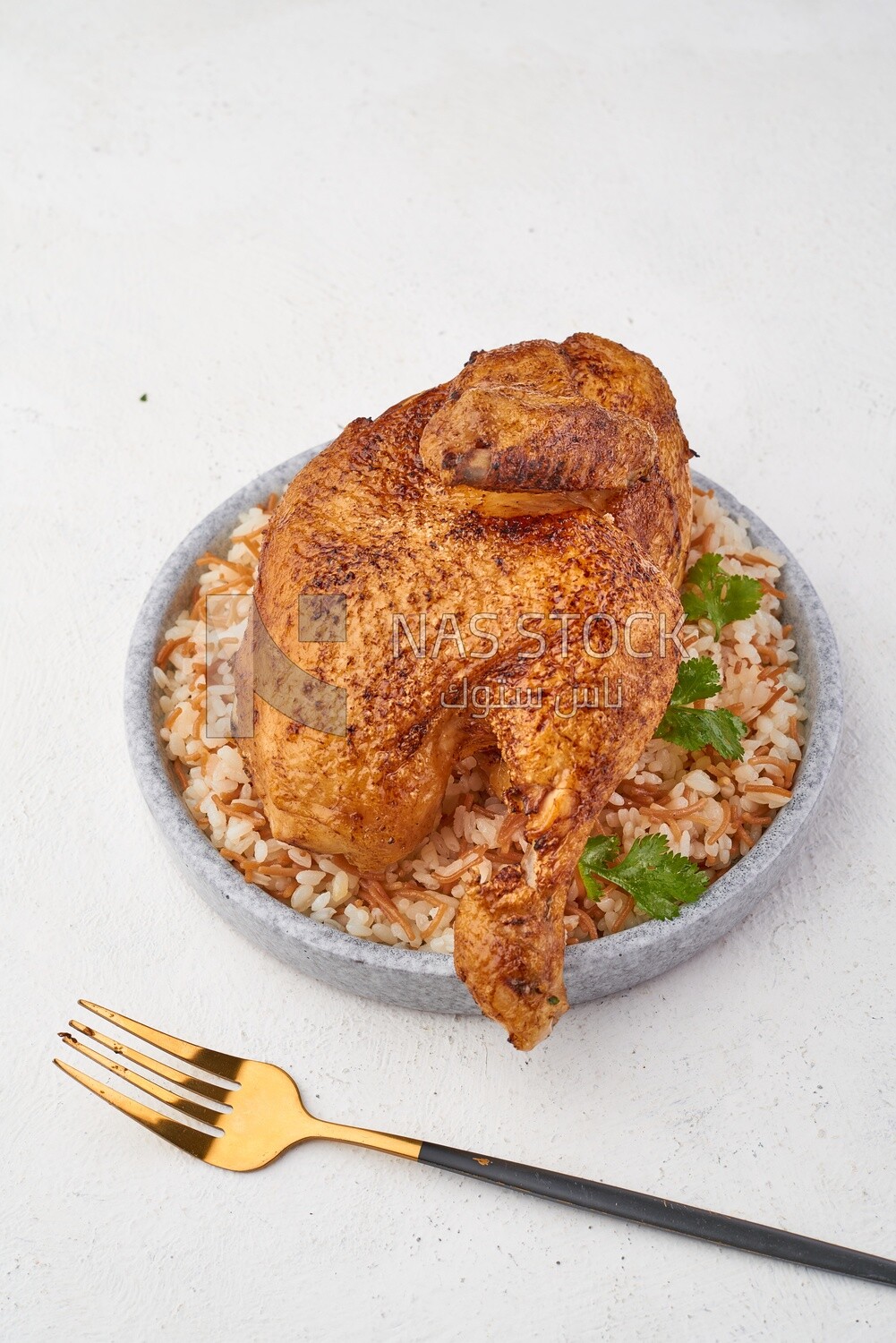 Side view of a plate of rice with chicken on a white background