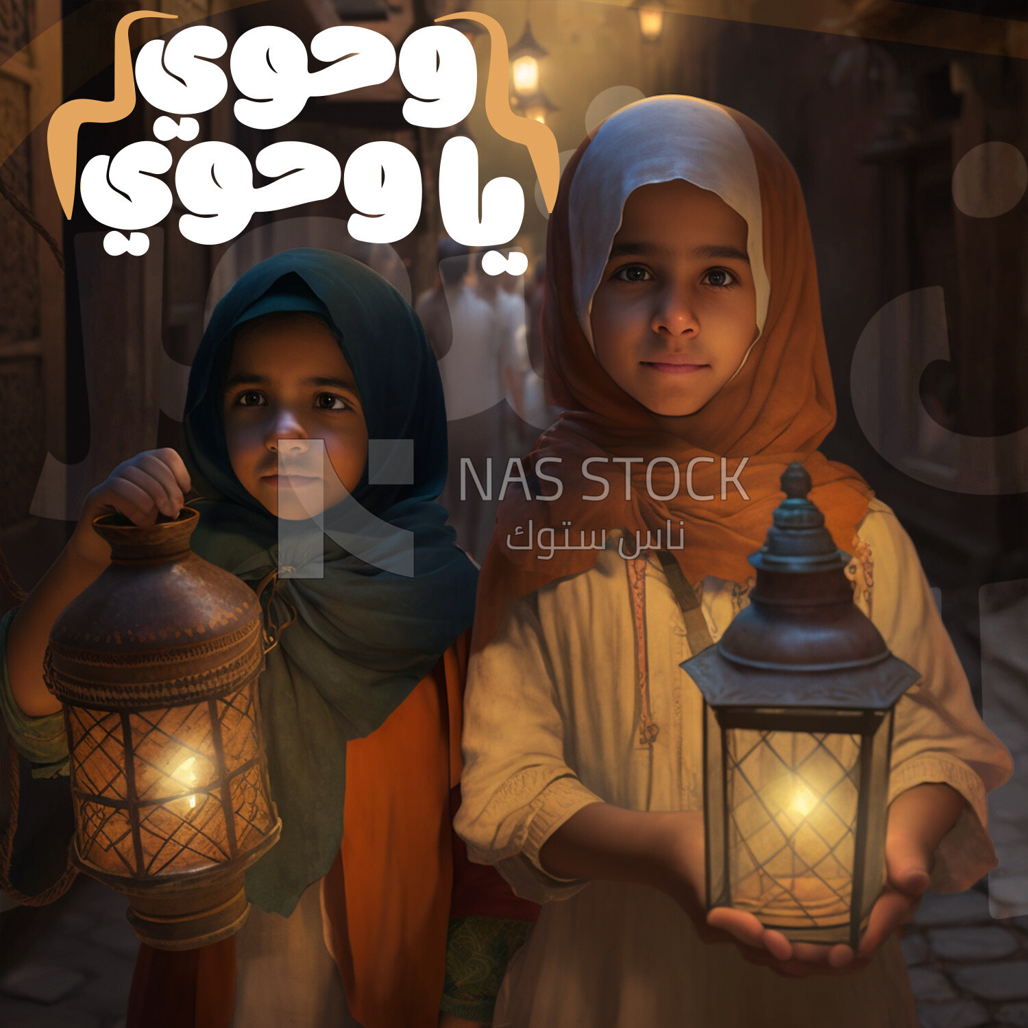 Two girls are standing and holding lantern
(Ramadan Posters -  AI Technology)