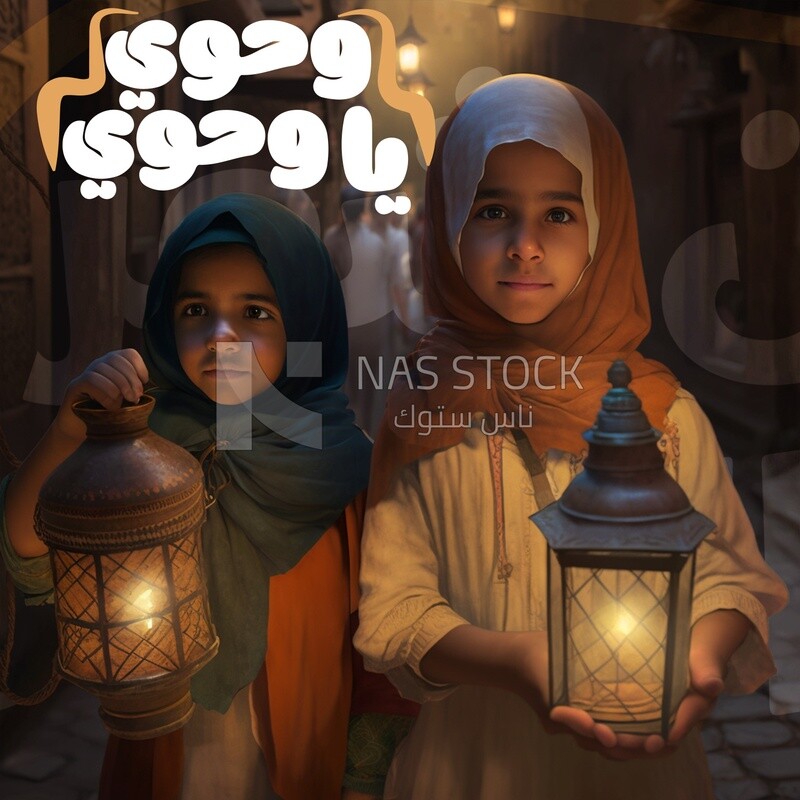 Two girls are standing and holding lantern
(Ramadan Posters - AI Technology)