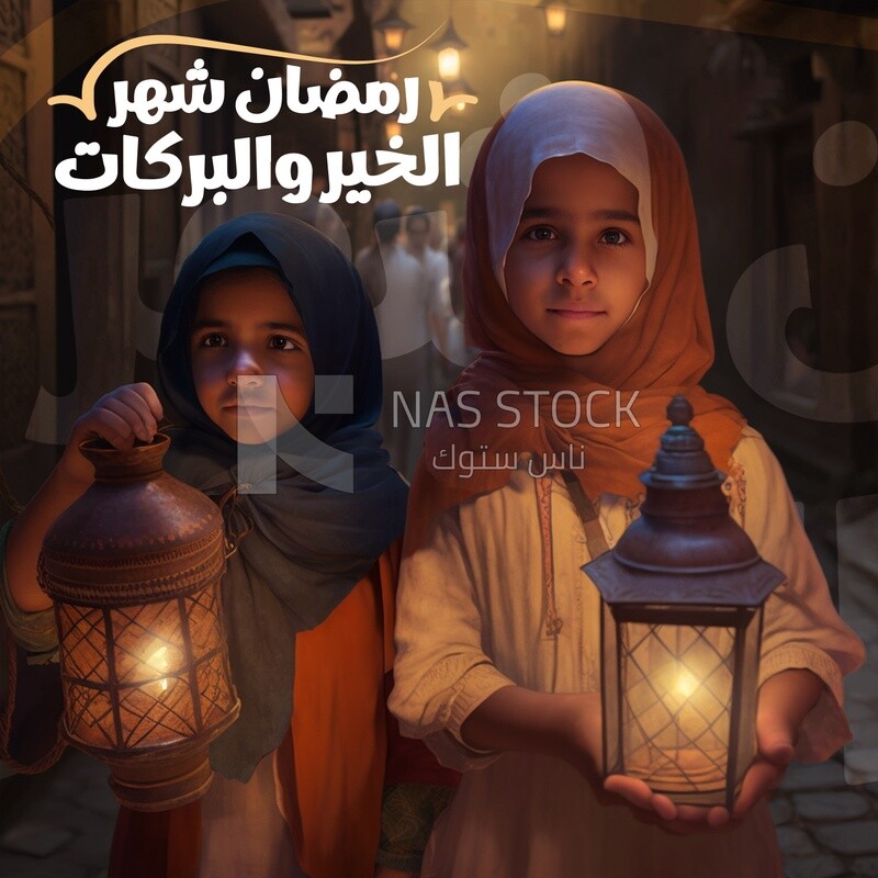 Two girls are standing and holding lantern
(Ramadan Posters - AI Technology)