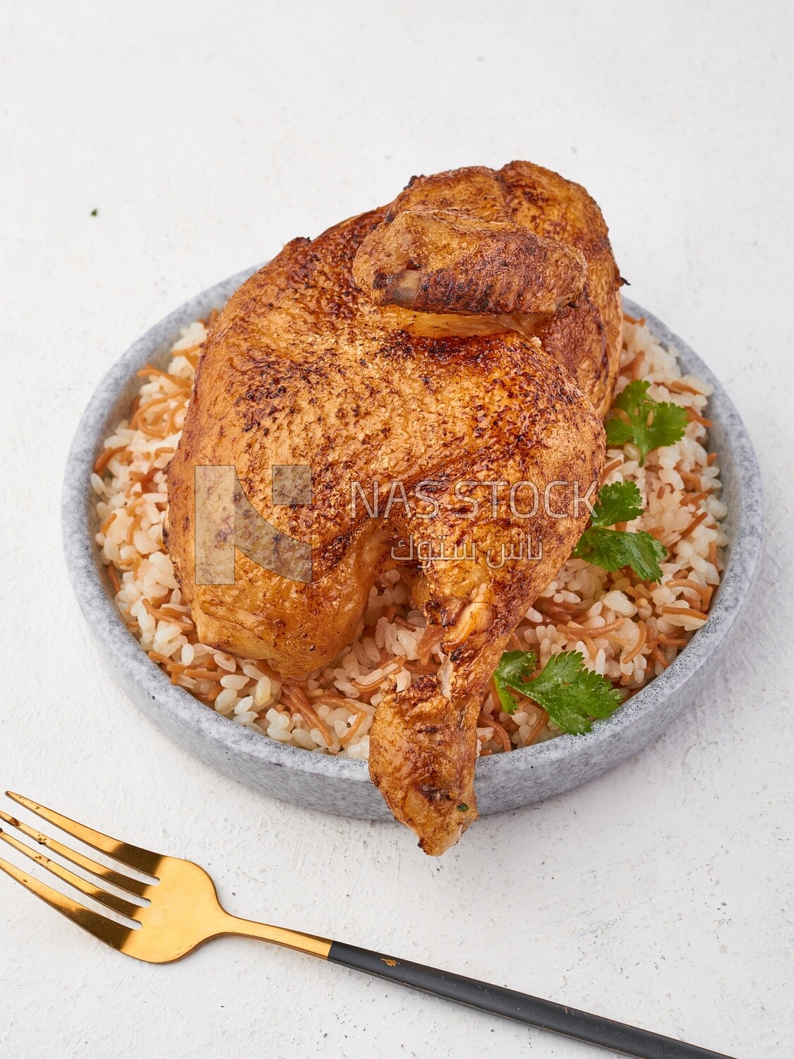 Side view of a plate of rice with chicken on a white background
