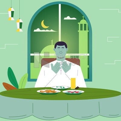 رسم توضيحي لرجل يجلس على الطاولة يدعى ثم يفطر ، أجواء رمضان
