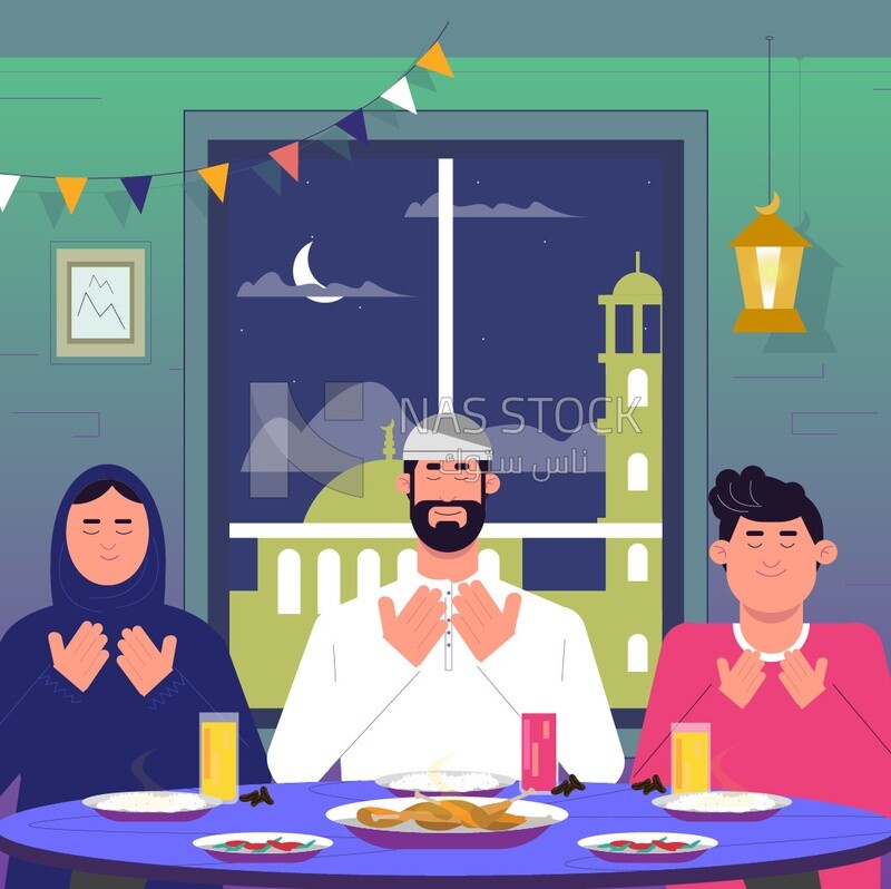 Illustration of a family of three sitting at the table, inviting and then breaking their fast,  Ramadan vibes
(Ramadan Vector)