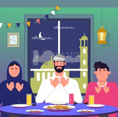 رسم توضيحي لأسرة مكونة من ثلاثة أفراد جالسين على الطاولة ، يدعون ثم يفطرون ، أجواء رمضان