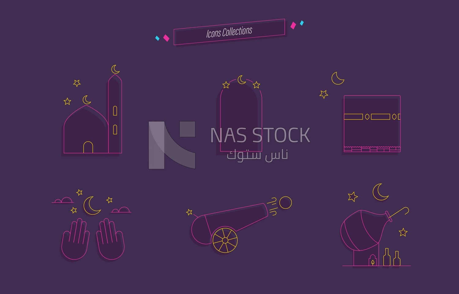 Illustration of different Ramadan icons,Ramadan atmosphere  
(Ramadan Vector)