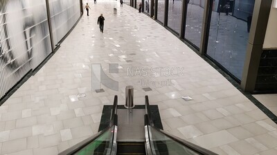 Two young men descending escalators