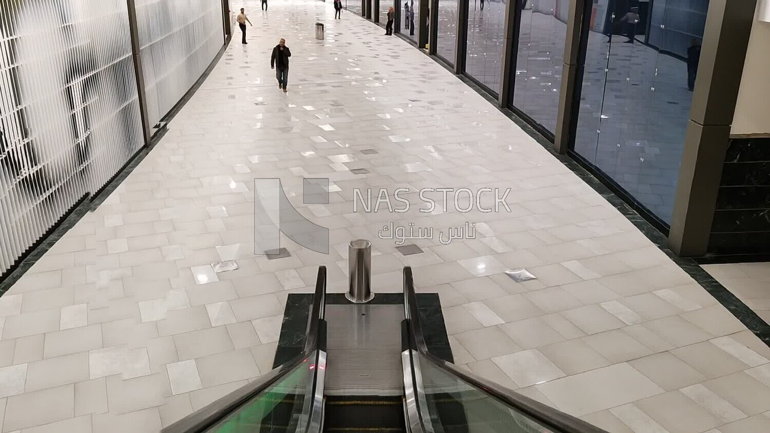 Two young men descending escalators