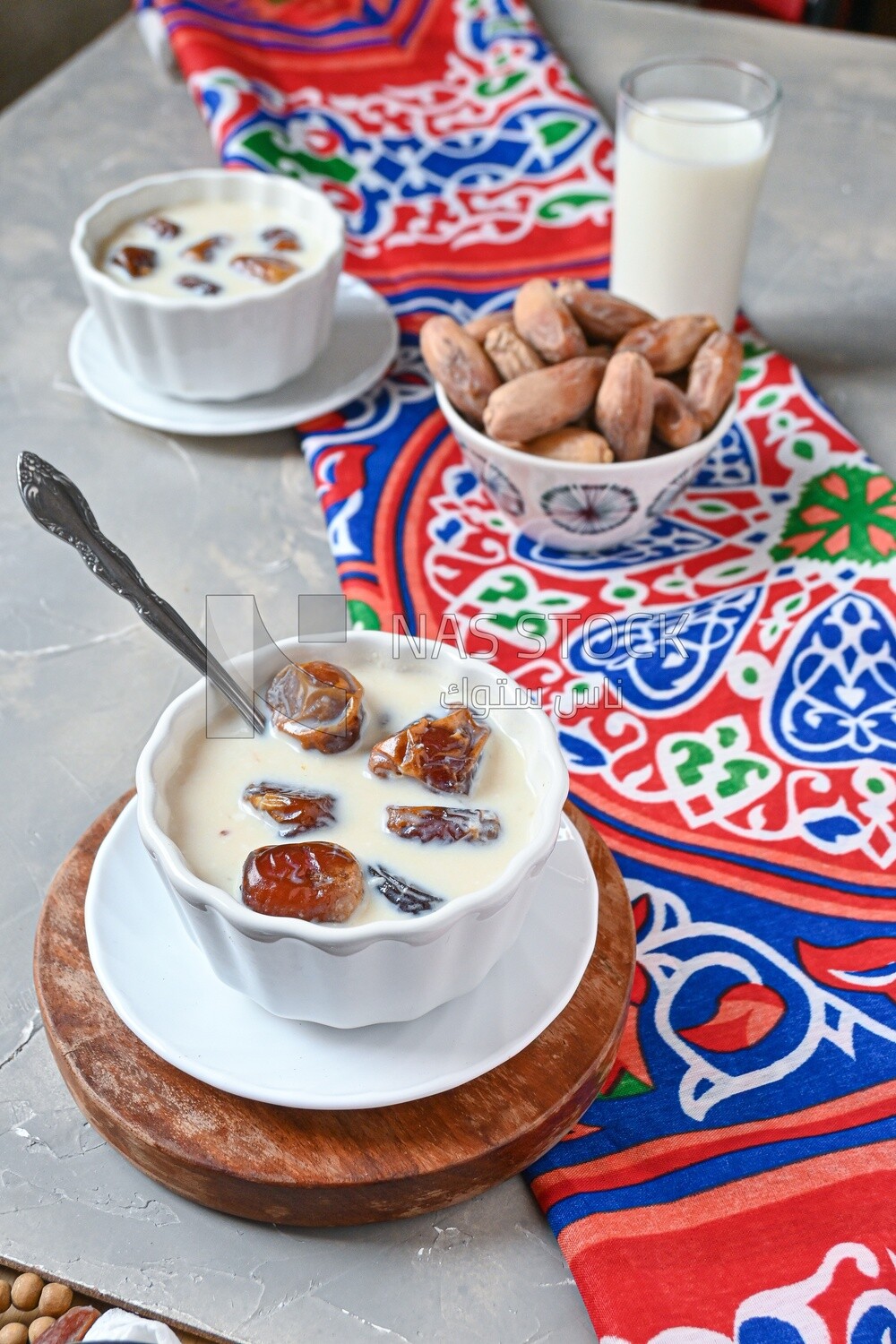 Two bowls of dates milk from the top view, healthy and useful juice, ramadan juice