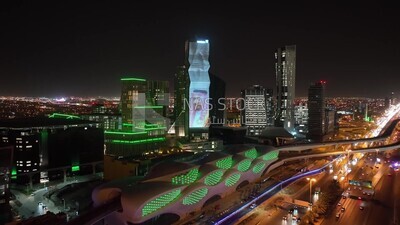 drone footage of the King Abdullah Financial District in Riyadh, tourism in Saudi Arabia, King Abdullah Financial District (KAFD) Metro Station, saudi national day, green lights