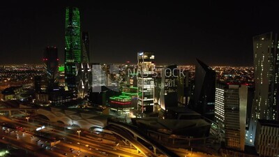 drone footage of the King Abdullah Financial District in Riyadh, tourism in Saudi Arabia, King Abdullah Financial District (KAFD) Metro Station, saudi national day, green lights