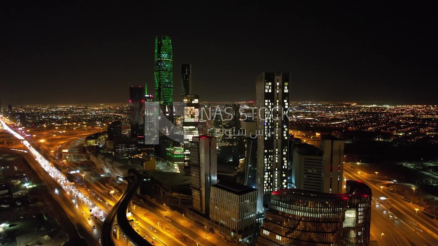 drone footage of the King Abdullah Financial District in Riyadh, tourism in Saudi Arabia, King Abdullah Financial District (KAFD) Metro Station, saudi national day, green lights