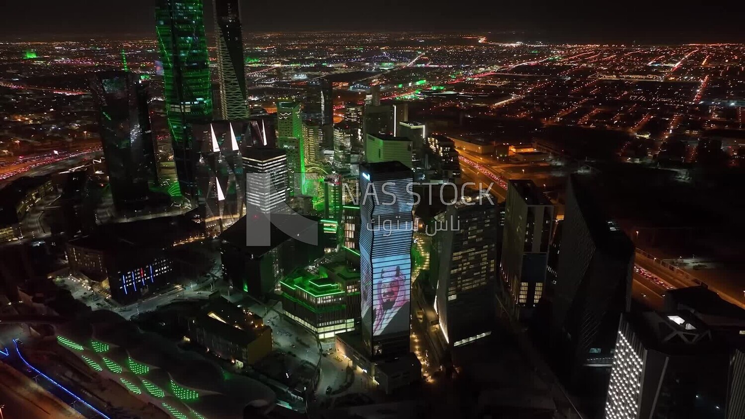 drone footage of the King Abdullah Financial District in Riyadh, tourism in Saudi Arabia, King Abdullah Financial District (KAFD) Metro Station, saudi national day, green lights