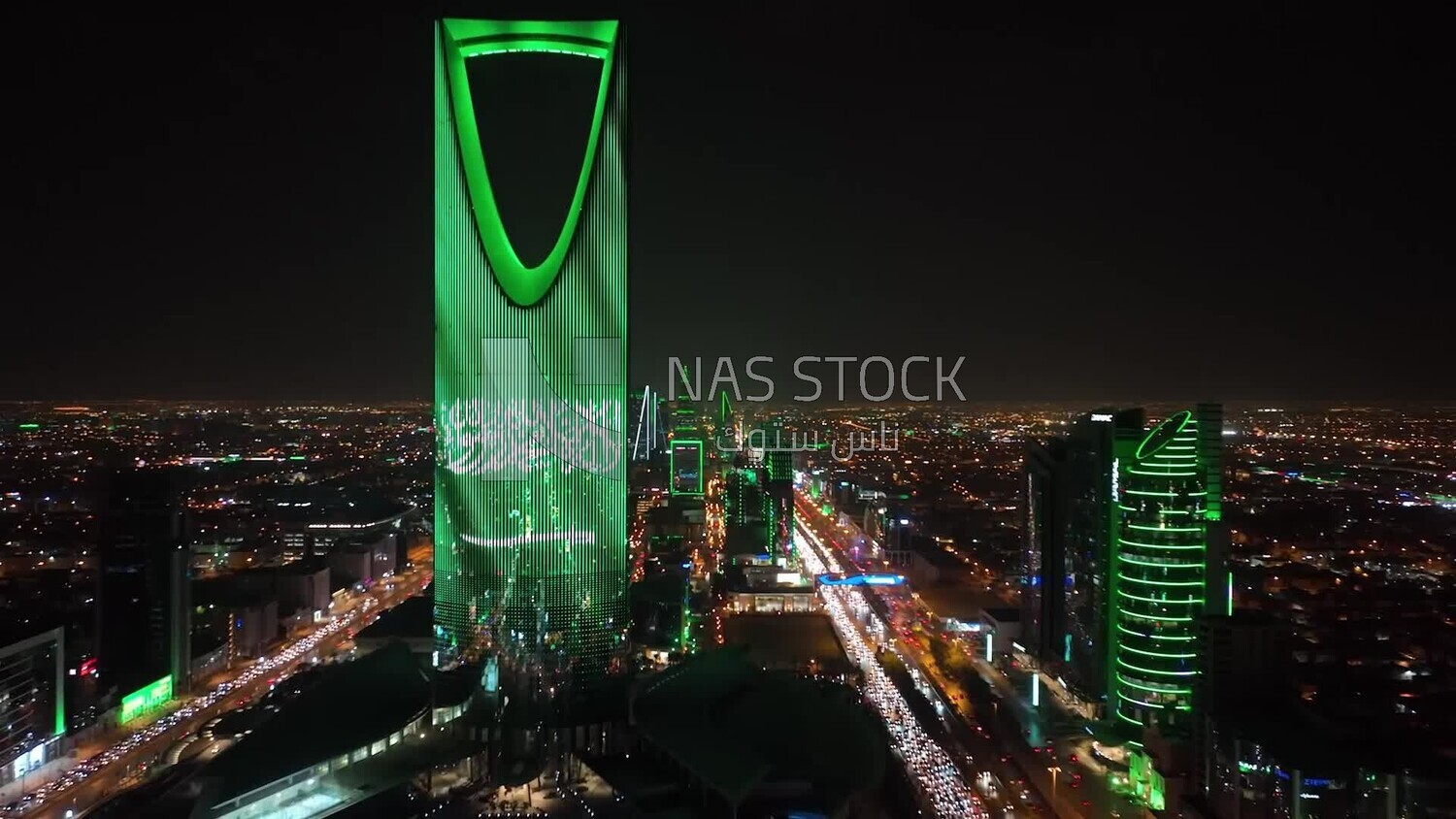 drone footage of the Kingdom Tower in Riyadh, Saudi Arabia city, famous towers in Saudi Arabia,saudi national day, green lights