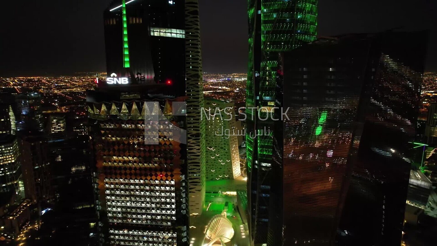 drone footage of the King Abdullah Financial District in Riyadh, tourism in Saudi Arabia, King Abdullah Financial District (KAFD) Metro Station, saudi national day, green lights