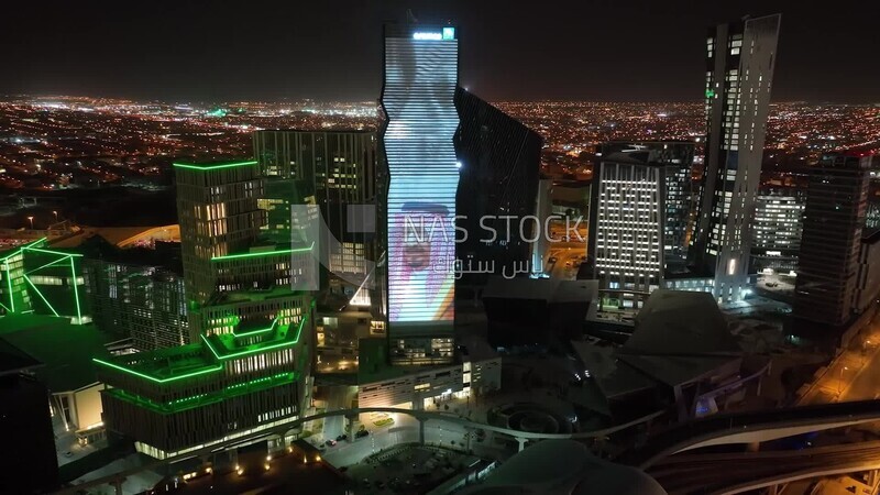 drone footage of the King Abdullah Financial District in Riyadh, tourism in Saudi Arabia, King Abdullah Financial District (KAFD) Metro Station, saudi national day, green lights