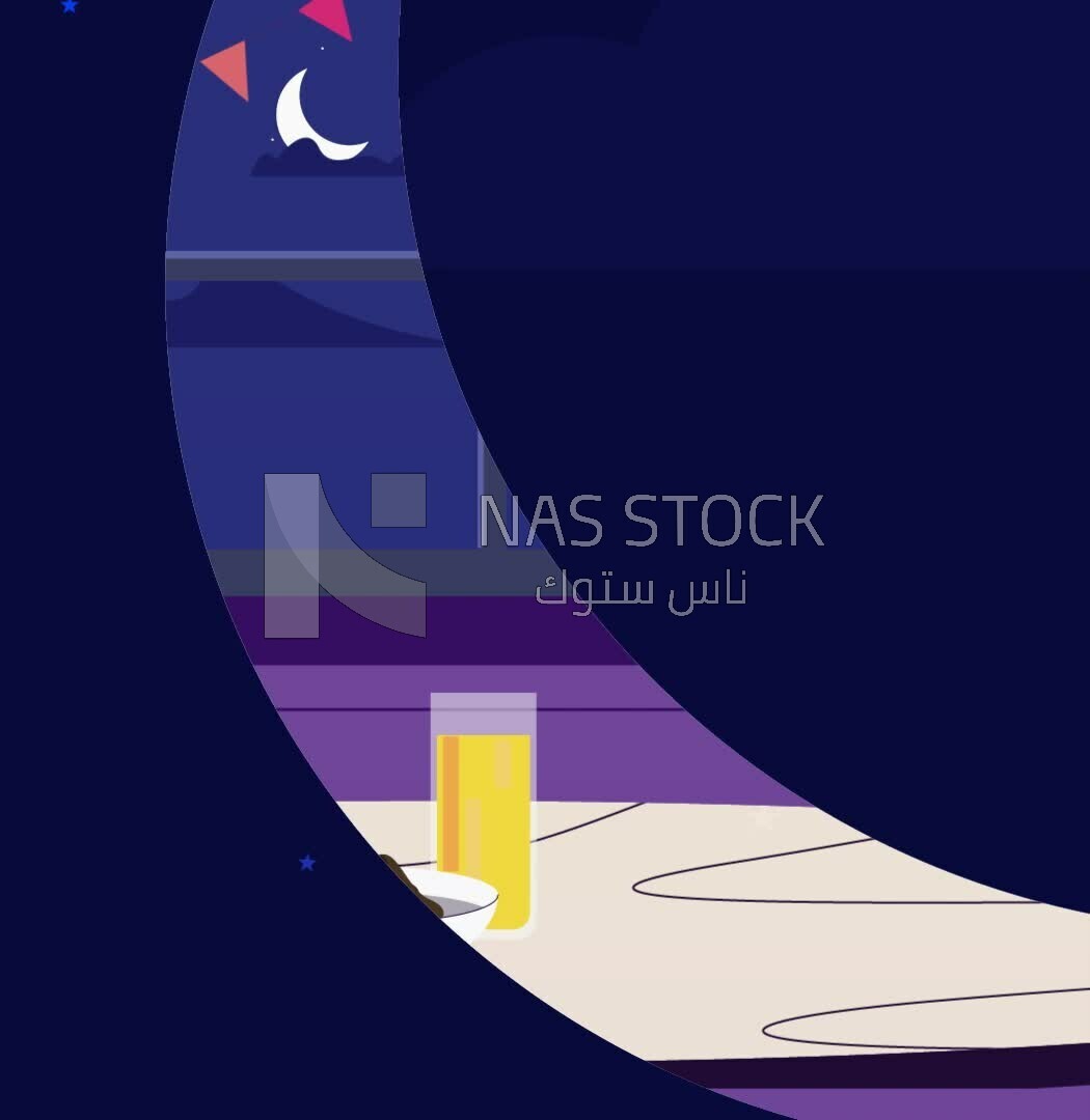 Animation  video for expressing the reception of Ramadan, with a table with dates and juice, and famous Ramadan music in the background
