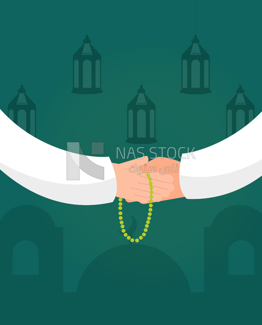Illustration of Ramadan atmosphere with Muslims shaking hands, Rosary
(Ramadan Vector)