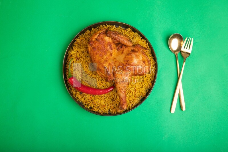 Plate of kabsa rice with chicken from the top, traditional Saudi food, Saudi restaurant, Saudi dishes