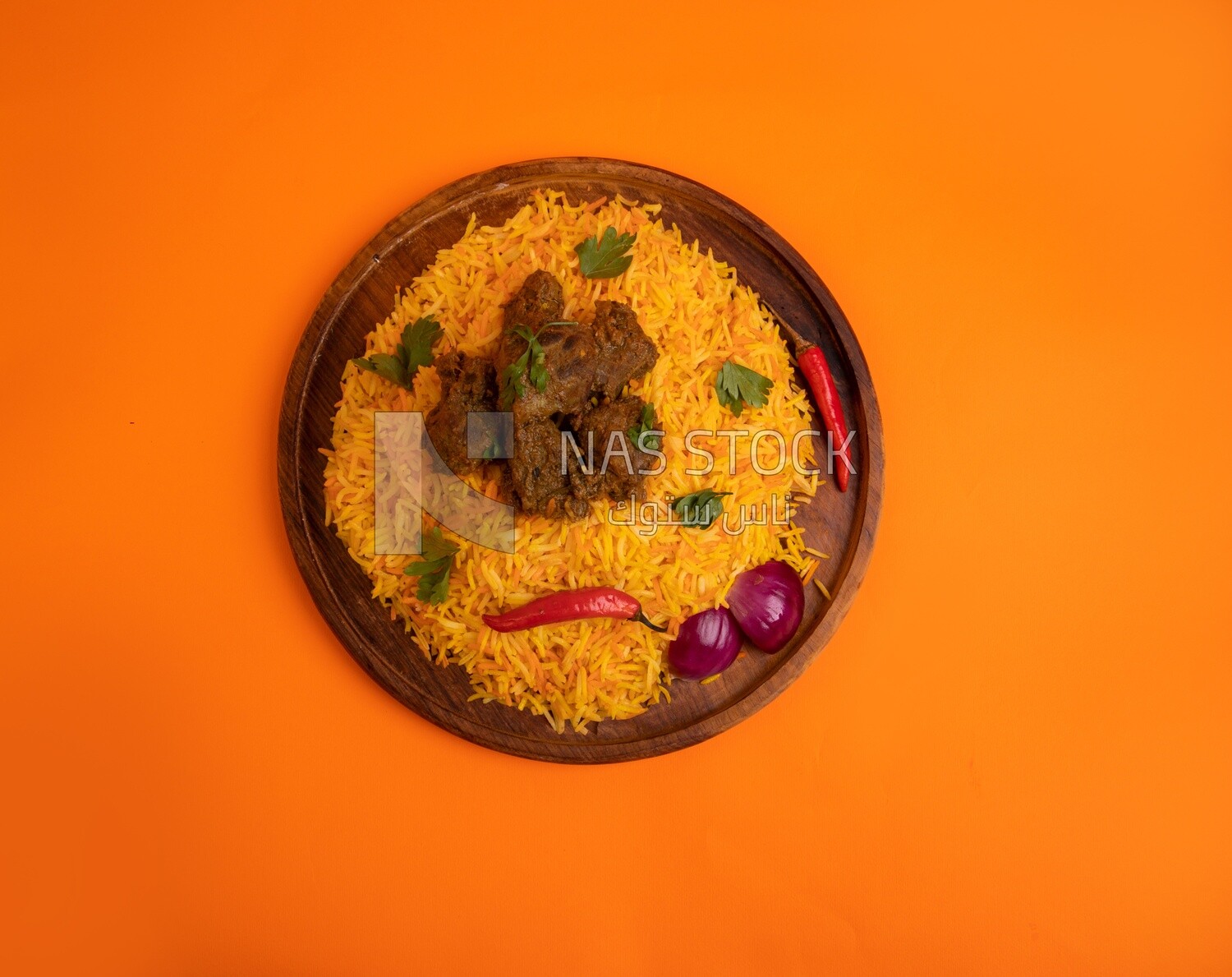 Plate of delicious biryani rice with meat,  traditional Arabic dishes, Arabic food, popular dishes, delicious recipes and dishes, delicious food