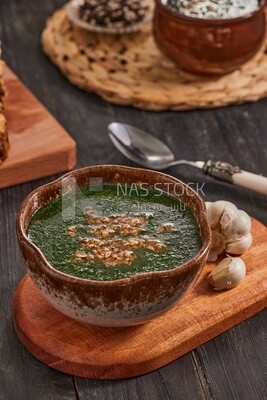 Plate of molokhia, traditional Arabic dishes, Arabic food, popular dishes, delicious recipes and dishes, delicious food