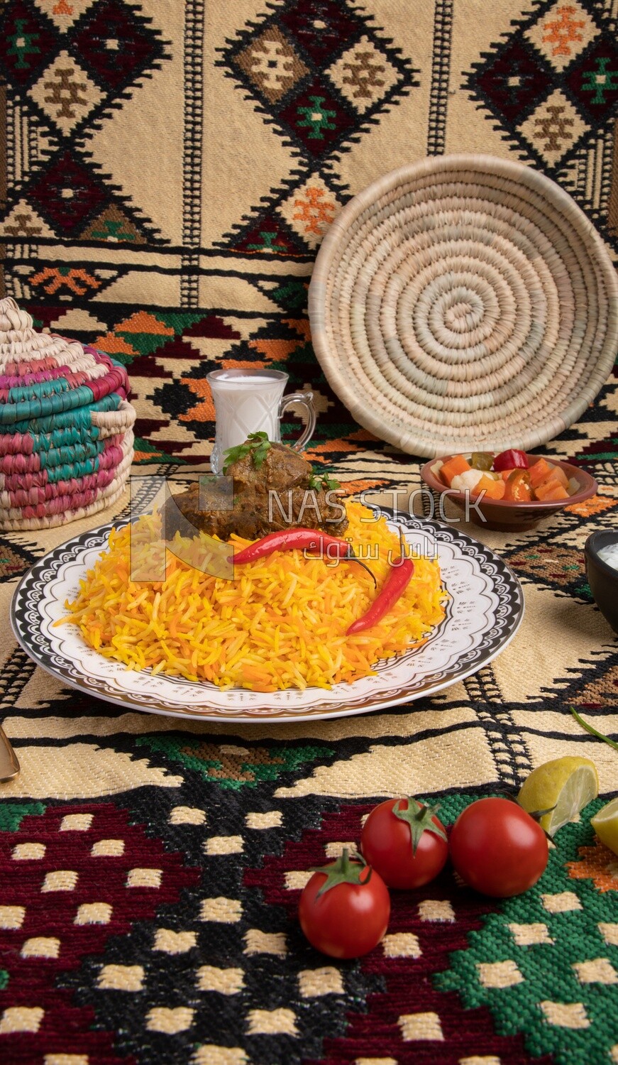 Wooden plate of delicious biryani rice with meat,  traditional Arabic dishes, Arabic food, popular dishes, delicious recipes and dishes, delicious food