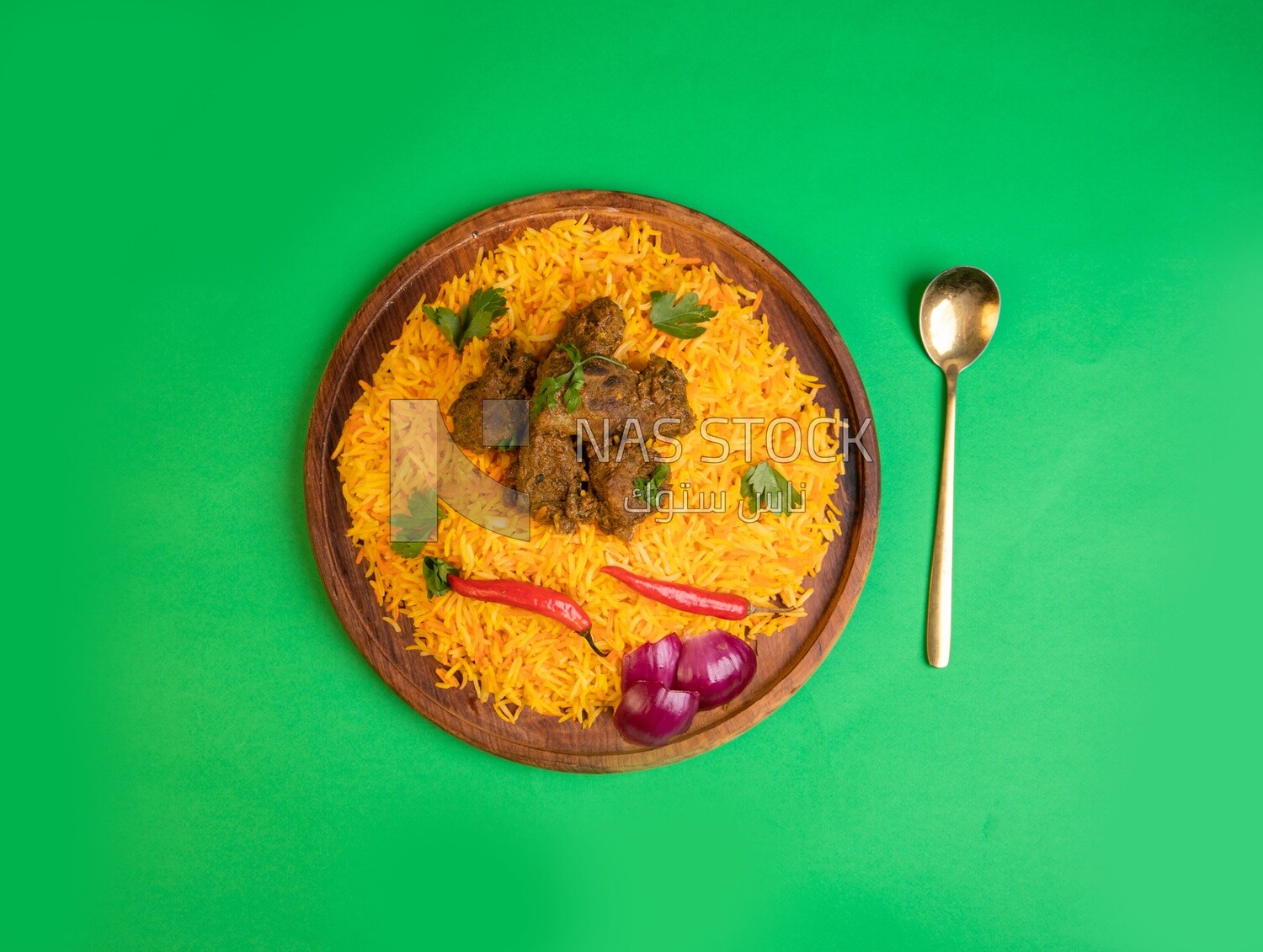 Plate of delicious biryani rice with meat,  traditional Arabic dishes, Arabic food, popular dishes, delicious recipes and dishes, delicious food