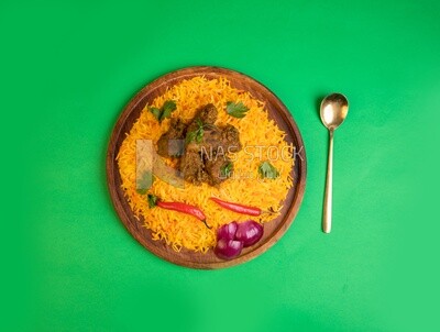 Plate of delicious biryani rice with meat,  traditional Arabic dishes, Arabic food, popular dishes, delicious recipes and dishes, delicious food
