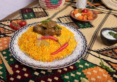 Wooden plate of delicious biryani rice with meat,  traditional Arabic dishes, Arabic food, popular dishes, delicious recipes and dishes, delicious food