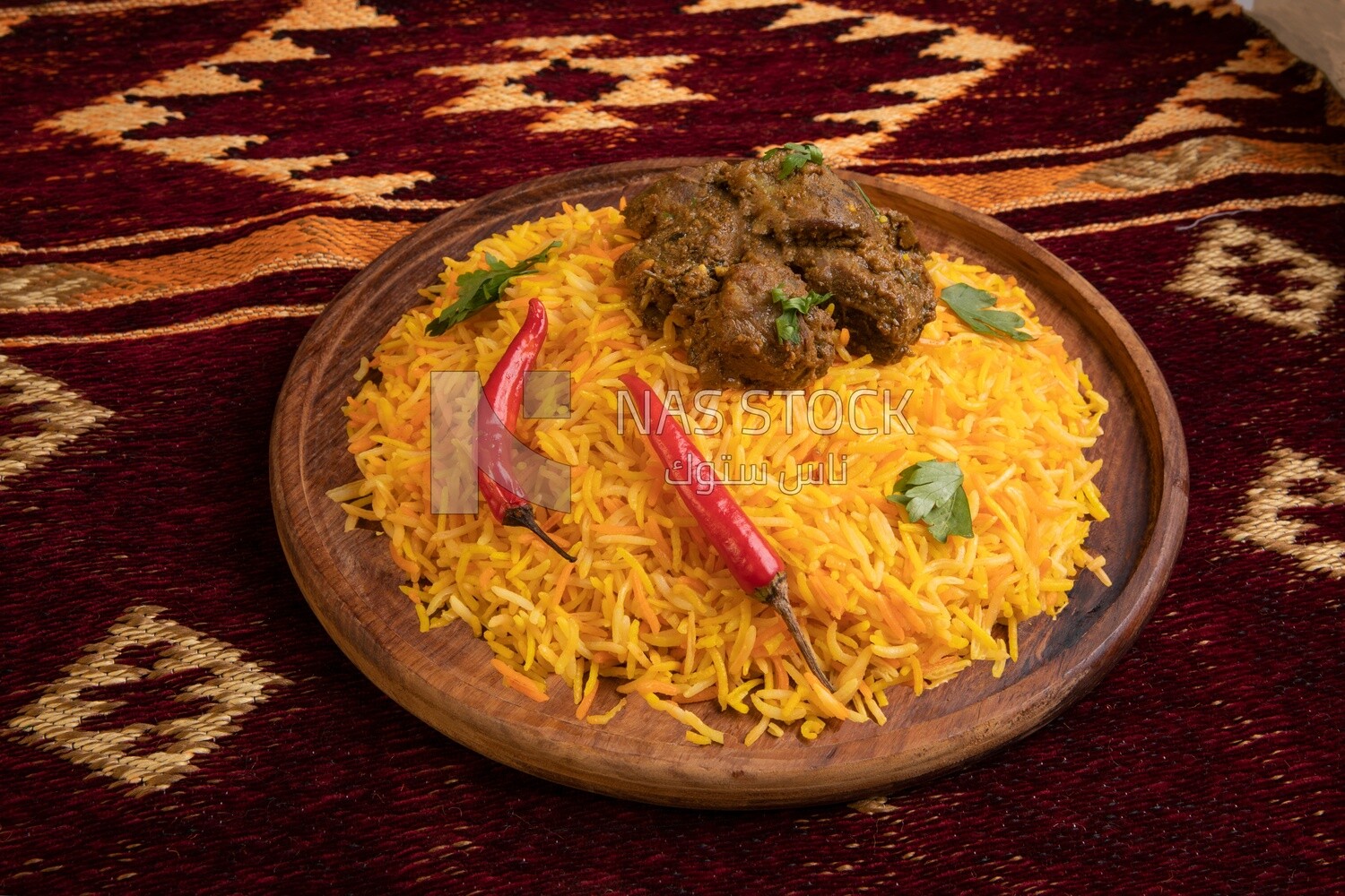 Plate of delicious biryani rice with meat,  traditional Arabic dishes, Arabic food, popular dishes, delicious recipes and dishes, delicious food
