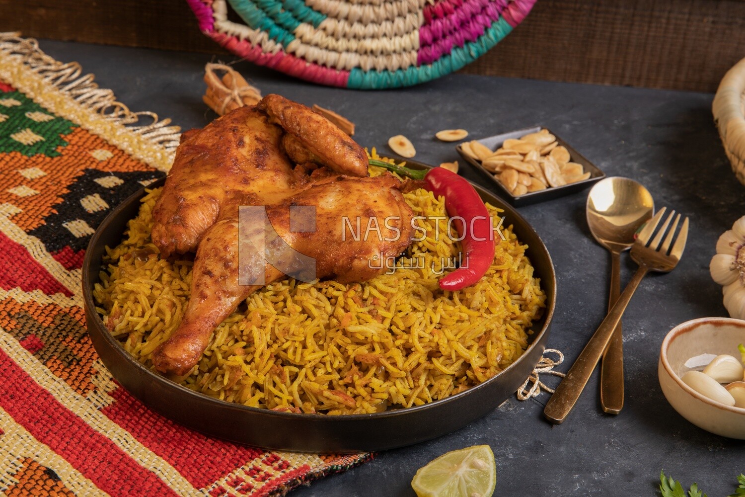 Plate of kabsa rice with chicken, traditional Saudi food, Saudi restaurant, Saudi dishes