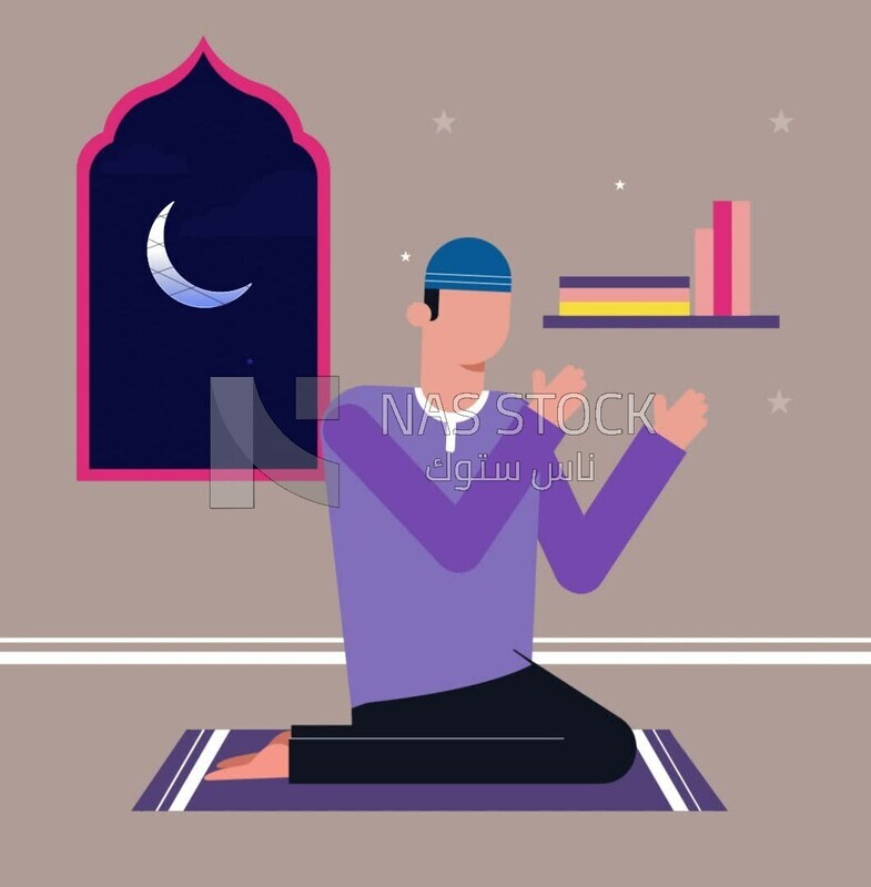 Animation video for expressing the reception of Ramadan with Muslim man praying, and famous Ramadan music in the background , supplication