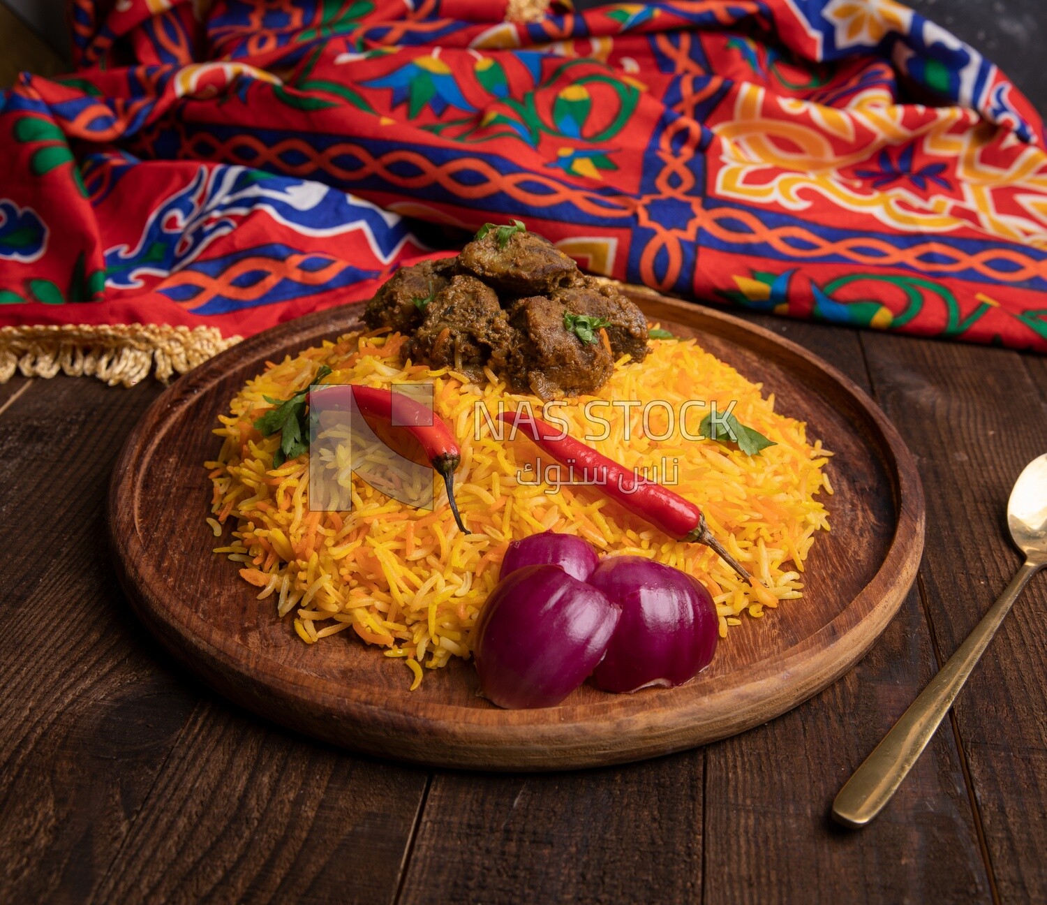 Wooden plate of delicious biryani rice with meat,  traditional Arabic dishes, Arabic food, popular dishes, delicious recipes and dishes, delicious food