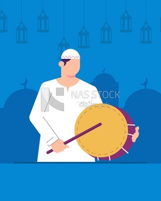 illustration of the atmosphere of Ramadan and character of Al-Masahrati 
(Ramadan Vector)