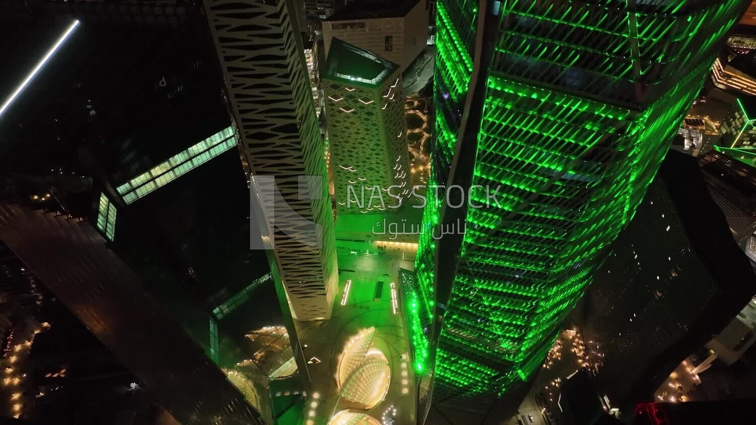 drone footage of the King Abdullah Financial District in Riyadh, tourism in Saudi Arabia, King Abdullah Financial District (KAFD) Metro Station, saudi national day, green lights