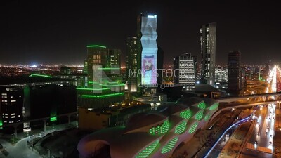drone footage of the King Abdullah Financial District in Riyadh, tourism in Saudi Arabia, King Abdullah Financial District (KAFD) Metro Station, saudi national day, green lights