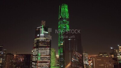 drone footage of the King Abdullah Financial District in Riyadh, tourism in Saudi Arabia, King Abdullah Financial District (KAFD) Metro Station, saudi national day, green lights